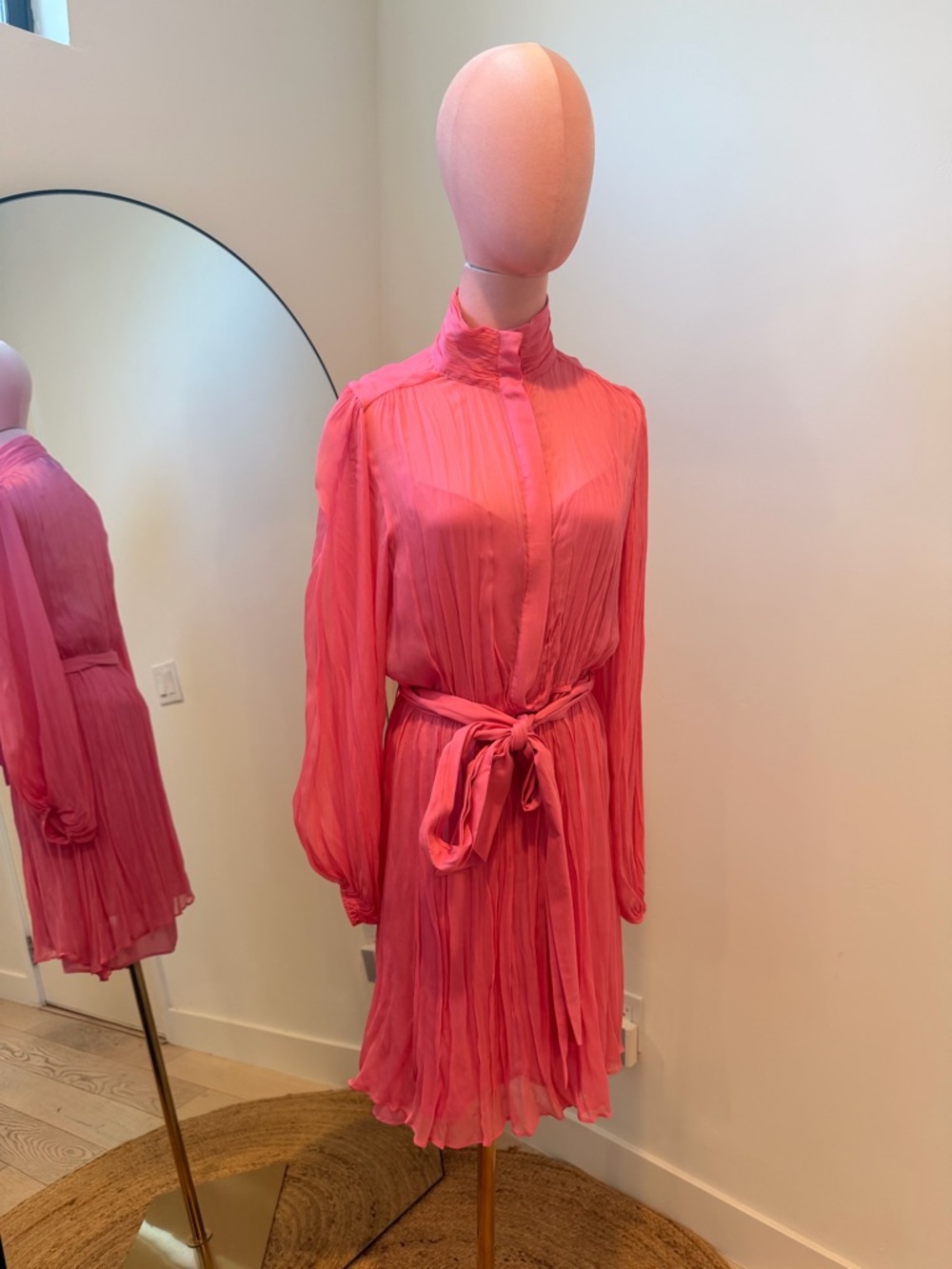 NWOT Witchery High Neck Pink Pleated Tie-Waist Long-Sleeve Dress